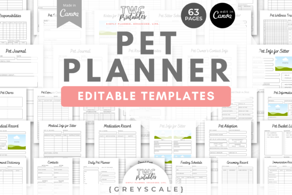 Download Pet Planner Canva Templates | GREYSCALE - Pet planner Collection